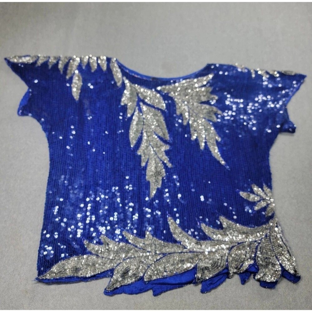 Vintage Joseph Le Bon Top Womens‎ XL Blue Silver Sequin Beaded Silk 80s Elegant